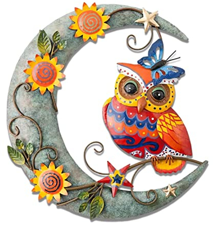 Metall Tier Wanddeko Mond und Eule/Böser Drache Wanddekoration aus Eisen Wandskulpturen,Metall Wanddeko Tierische 3D Wandbilder Türschild Wandhänger Metall Kunst Wandschmuck (Moon and Owl)