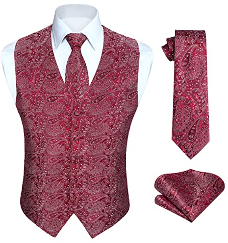 Enlision Men's Waistcoat Paisley Floral Jacquard Necktie Pocket Square Handkerchief Vest Suit Set with Pockets for Wedding Business Party Rosa Waistcoat 2XL