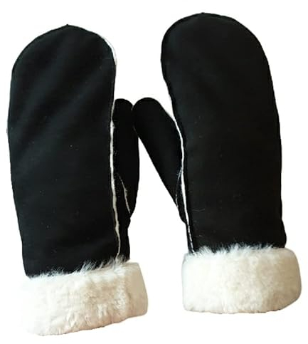 AXELENS Damen Winterhandschuhe Elegant aus Wildlederimitat – Warme Fäustlinge mit Fleecefutter und Kunstpelz-Bündchen – Größe S/M_schwarz
