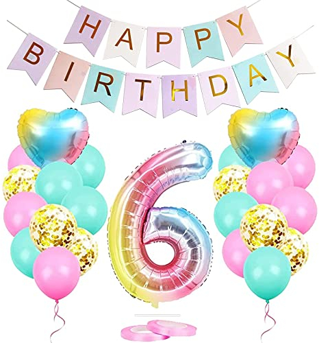 GUGUGO Luftballon 6, Geburtstagsdeko Mädchen 6 Jahr, Ballon 6. Geburtstag, Luftballon 6 Geburtstag Rosa, Happy Birthday Girlande Folienballon Zahl 6 Rose für 6 Deko Geburtstag Party Mädchen