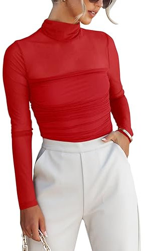 REORIA Women Fall Sexy Mock Turtle Neck Long Sleeve Sheer Mesh Slim Fit Ruched Trendy Going Out Leotard Bodysuits Tops Red Medium