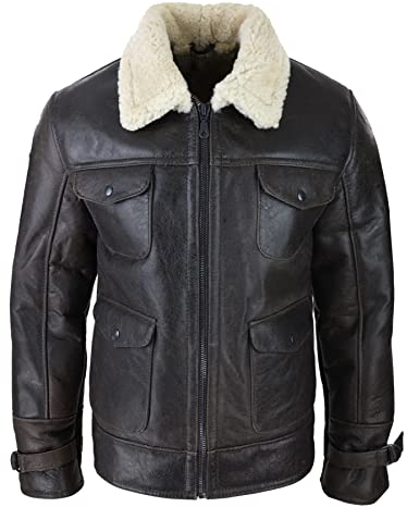TruClothing.com Herren Lederjacke Shearling Schaffell Echt Braun Militär Warm Winter Braun Creme Schafsleder Jacke - braun 5XL