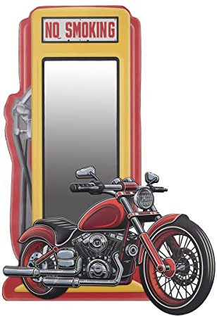 ROCKING GIFTS Espejo Pared Vertical Decorativo Moto en Gasolinera Vintage, Marco Metálico, Decoración para Garaje Motero, 74 cm