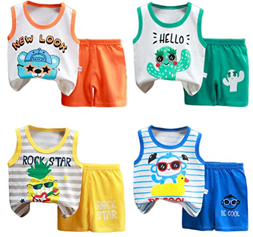 XM-Amigo Lot de 8 Ensembles Débardeur Short Bébé Coton,3 Mois à 7 Ans | Coton doux respirant, motifs de dessins animés, tenue été ou sous-vêtement printemps automne