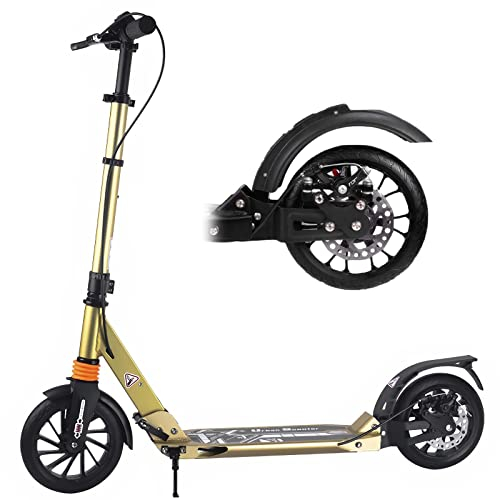 Bueuwe City Roller Tretroller Erwachsene 150 kg Tragkraft, 200mm Big Wheel Scooter mit Stoßdämpfer, Cityroller aus Aluminiumlegierung, Höhenverstellbar, Klappbar,Gold