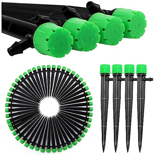 VooGenzek 50 Piezas Gotero de Riego, 360-Grado 8-Agujero Aspersore de Riego Ajustables, Cabezas de Riego para Goteo Goteros con Conectore de Púas & Estaca Microtubo Piqueta, para Tubo 4/7 mm, Verde