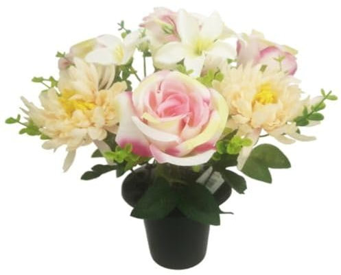 Rose Artificial Flowers in Grave Flower Pots – UV Resistant, Long-Lasting Design for Cemetery Decorations, Grave Displays, Home & Garden Memorial Arrangements (Pink, Peach & Ivory)