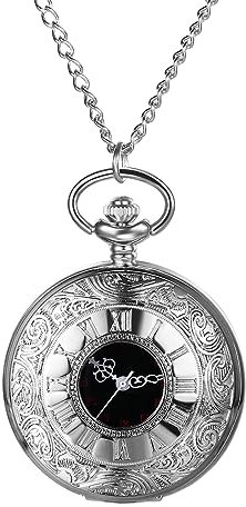 JewelryWe Taschenuhr Herren Römische Ziffern - Silber Vintage 12/24H Römische Zahlen Kettenuhr Analog Quarz Uhr Anhänger mit Halskette Kette Pocket Watch Geschenk für Männer