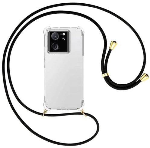mtb more energy® Handykette kompatibel mit Xiaomi 13T, 13T Pro - schwarz/Goldfarbene Ösen - Smartphone Hülle zum Umhängen - Anti Shock Full TPU Case