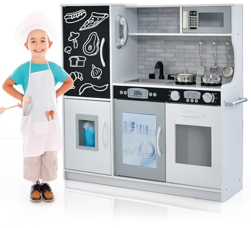 COSTWAY Cuisine Enfants en Bois avec Tableau Noir & Téléphone, Jeu de Cuisine Enfants avec Micro-Ondes & Machine de Glaçons, Jeu d’Imitation pour Enfants de 3-6 Ans, 82 x 24 x 80 cm (Blanc)