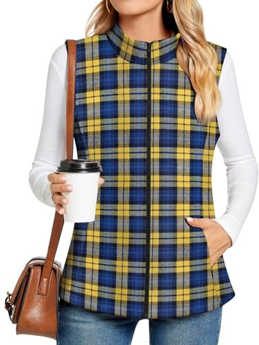 TAOHUADAO Damen Zip Steppweste mit Tasche Leichte Outwear Weste mit Stehkragen für Damen,Blau-gelbes Plaid,XL