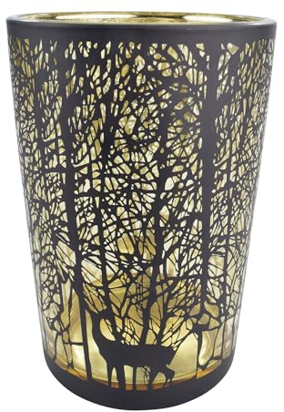 CHICCIE Windlicht mit Rentieren aus Glas schwarz Gold 12x18cm - Winterdekoration