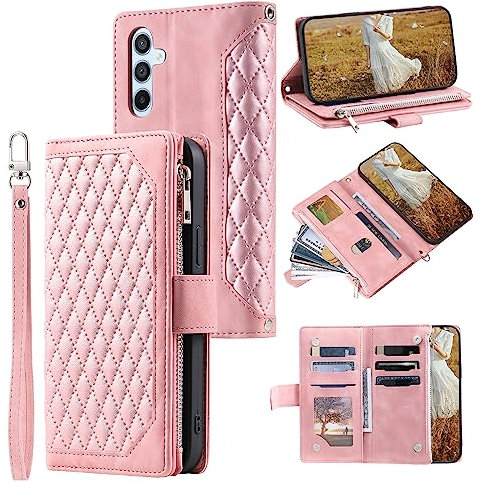 Knoowcase For Samsung S23 FE Case Wallet Flip Case Shockproof PU Leather Bumper Case with Zipper Card Holder Slots Full Protection Stand Viewing Cover Case for Samsung Galaxy S23 FE, Rosegold