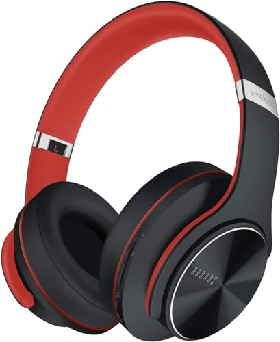 DOQAUS Bluetooth Kopfhörer Over Ear, Bis zu 90 Std Kabellose Kopfhörer mit 3 EQ-Modi,HiFi Stereo Faltbare Headset mit Mikrofon,weiche Ohrpolsterfür Reisen/Büro/Handy/PC/Laptops,Rot-Schwarz