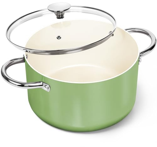 MICHELANGELO 24cm/5.7L Ceramic Soup Pot with Lid, Nonstick Stock Pot, Green | Ceramic Coating, Induction Compatible, For Family Meals And Batch Cooking And Large Portions, Easy Cleaning