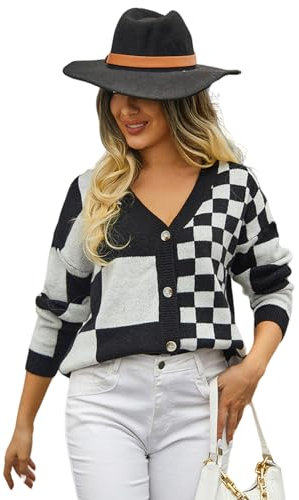 HEYPORK Damen Herbst Winter Warm Bequem Jacke Casual Mode übergangsjacke Mantel Frauen Strickwaren Karierten Patchwork-Pullover Strickjacke(Schwarz, S)