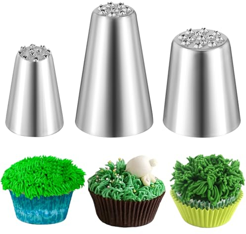 Prasacco 3 Stück Spritztüllen Set, Edelstahl Grasform Spritztüllen 3 Größen Wiederverwendbare Kuchendekorationstüllen DIY Backzubehör zum Dekorieren von Kuchen, Cupcakes, Fondant (Silber)