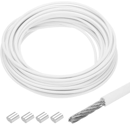 QUARKZMAN Drahtseil Edelstahl 10M x 3 mm Stahlseil PVC ummantelt mit 4 Aluminiumhülsen Sicherungsdraht Aufhänger für Bilder Vorhang Geländer Outdoor Gartenmöbel Sonnensegel, Weiß