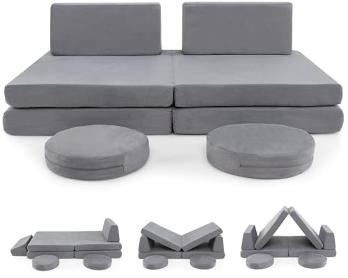 COSTWAY Convertible Kids Play Couch, 6-Piece Modular Soft Foam Playset with Detachable Cover, Fold Out Children Sofa Bed Toddler Imaginative Furniture for Nursery Playroom Kidsroom Living Room, Grey