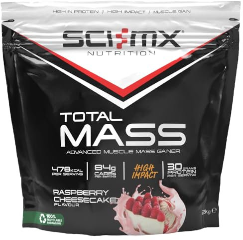 SCI-MX Total Mass - Advanced Muscle Mass Gainer Protein Powder - Muscle Growth & Weight Gain - Raspberry Cheesecake • 32g Protein + 478 Calories per Serving • 2kg