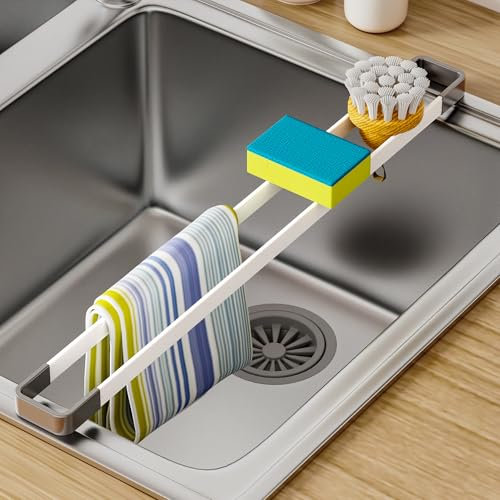 YIGII 43cm Spüllappenhalter - Multifunktionaler Lappenhalter Spülbecken Abtropfgitter Spüle Organizer Schmal, Schwammhalter Küchen Organizer, Hitzebeständig, Weiß