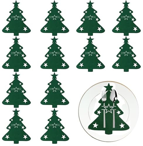 ARROMI 12 Stück Bestecktasche Weihnachten, Besteckhalter Weihnachten Filz, Bestecktasche Filz Weihnachten, Gabeln Löffel Geschirr Besteck Taschen für Party Tisch Weihnachtsdeko (Grün)