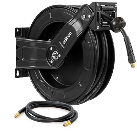 Wiltec Avvolgitubo per aria compressa 20 m, avvolgitubo automatico in acciaio, 20 bar, facile montaggio a muro, girevole a 180°