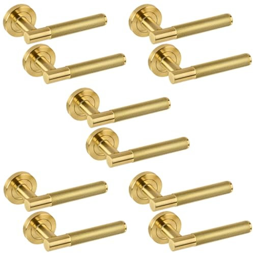 Hunta HANDLEZONE® 5 Sets Evo Knurled Grip Lever On Round Rose Door Handles, Internal Passage Latch Handles - Brushed Brass