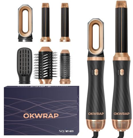 OKWRAP Secador 6 en 1, Cepillo de Aire Air Styler Set 6 Cabezales Intercambiables 3 Temperaturas Cepillo Moldeador De Pelo Cepillo Secador Pelo uego de brochas para secar el cabello