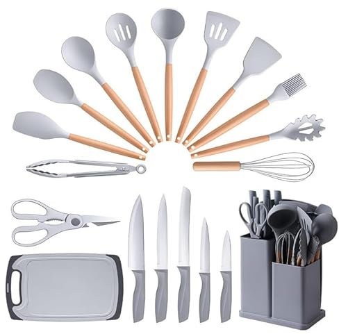Ustensiles de Cuisine C-ZAM, 19 PCS, Sans BPA, Kit en Bois et Silicone, Acier Inoxydable, Antiadhésif, avec Pot de Rangement, Couteaux, Planche à Découper Haute Qualité (Gris)
