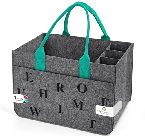 Eurhomewit Filz Einkaufskörbe Filztasche Einkaufstasche mit Fächern, Filztasche Groß 30L Faltbar Robust Flaschentasche Kaminholztasche Kleiderkorb Spielzeugtasche (Mittelgrau + Türkis/1 Stück)