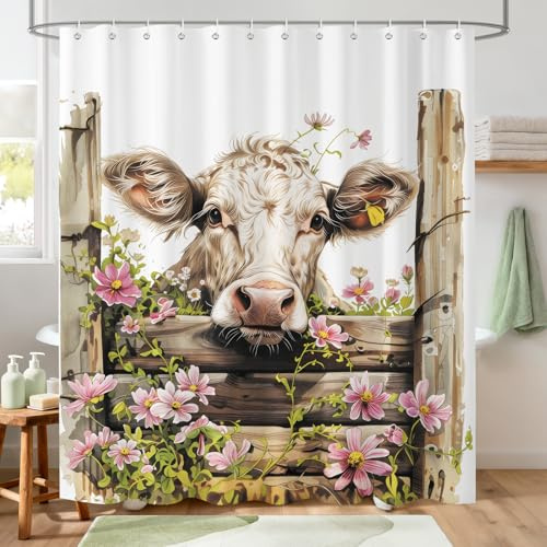 Hopomoon Lustiger Kuh-Duschvorhang mit ländlichem Bauernhof-Tierprint, wasserabweisender duschvorhang 180 x 180 cm mit 12 Haken