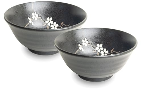 Japan-Bowls ASIATICA | Ramen Bowl Porzellan-Schalen 15 cm | Hochwertige asiatische Schüssel für Reis, Nudeln, Tapas, Udon, Müsli - Suppen-Schale mit japanischen Designs (2er Set Anemone Matt-Schwarz)
