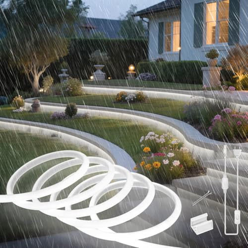 SUCIKORIO Neon Led Strip 5m, Silikon Wasserdicht Feuerfest IP65 Runde COB Neon LED Streifen Weiß 6000K 10mm Leds Lichterkette Außen 230V Flexibler Lichtband mit Netzteil für Innen Aussenbereich Deko
