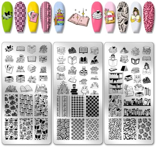 PH PandaHall 3pcs Lesen Buch Nagel Stempel Platte Buch-Liebhaber Thema Nagelkunst Schablonen Edelstahl Nagel Bild Platten Eule Blume Nagelkunst Schablonen für Graduierung Frauen DIY Druck 12x6 cm