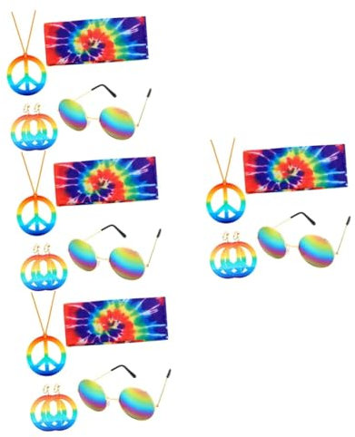 SAFIGLE 4 Sätze Karneval verkleiden goldene Halskette Schmuck Rave Bogen Cosplay - Anhänger costume de halloween halloweenkostüme weddin trip Hippie - Kostüm Tie - Dye - Stirnband Metall Colorful