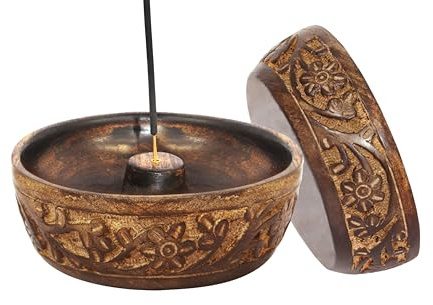 COTTON CRAFT - Wooden Incense Holder - 2 Pack Hand Carved Floral Incense Burner - Ash Catcher Bowl - Incense Sticks Aroma Room Freshener Zen Home Décor Gift - Yoga Meditation - 5 x 5 x 1.5 - Natural