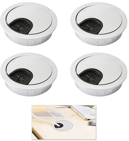 4 Pcs Desk Grommet Kit, Cable Hole Cover, Computer Desktop Grommets, Desk Cable Hole, 60mm Silver ABS Computer Desk Cable Wire Organizers, Round Hole Cover for Office & Home (Silver)