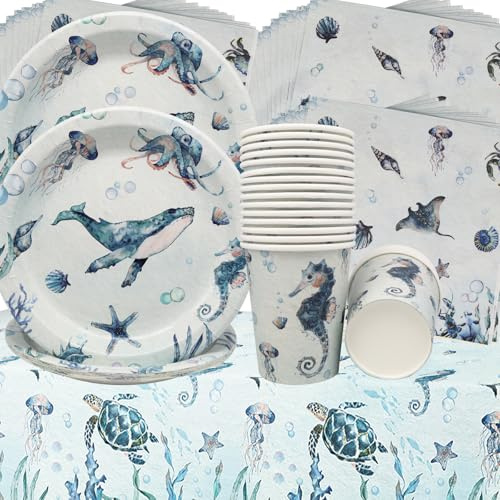 Doyomtoy Ocean Sea Partygeschirr,61 Stück Ozean Geburtstag Dekoration Dessertteller Tassen Servietten Baby Shower Partygeschirr Meerestier Party Geschirr Set für Kinder Geburtstag Babyparty Deko