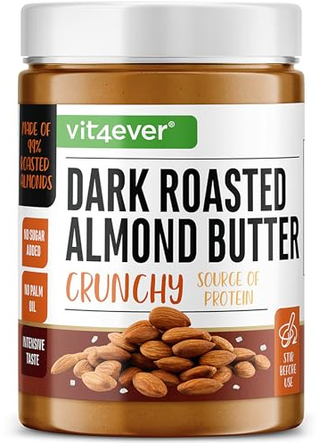 vit4ever Mandelbutter - 1kg - Extra Crunchy - Dark Roasted | 24 % Protein, intensiv geröstet, mit Salz verfeinert, ohne Palmöl & Zusätze, vegan