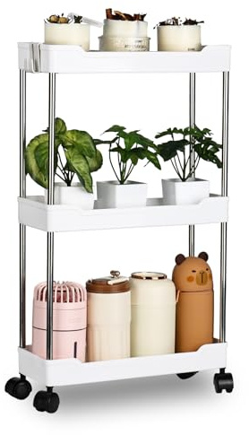 3 Tier Slim Storage Trolley Slide Out Rolling Utility Shelf Rack Storage Cart on Wheels Mobile Shelving Space Organizer with Hook for Small Narrow Spaces Kitchen/Bathroom/Laundry Room/Office,Plastic