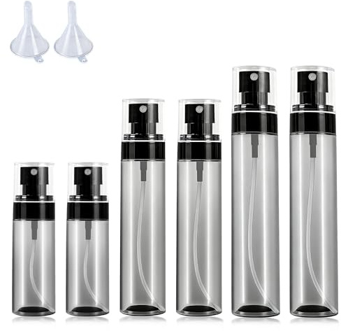 VVQWCY 6 botellas pulverizadoras pequeñas, 2 x 30 ml + 2 x 60 ml + 2 x 80 ml mini botellas pulverizadoras negras con embudo