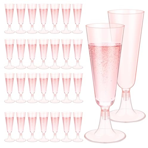 ALEXPRE 36Pcs 150ml/5oz Pink Plastic Champagne Flutes | Plastic Prosecco Glasses, Reusable Champagne Glasses, Plastic Wine Glasses for Parties Weddings Birthdays Picnic Christmas