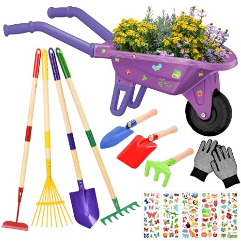 JONRRYIN Brouette Enfants, 14PCS Ensemble de Jardinage avec Outils de Jardin, Bêche, Râteau, Gants et Accessoires, brouette Jardin Kit de Jeu Éducatif pour Enfants 3 Ans (Violet)