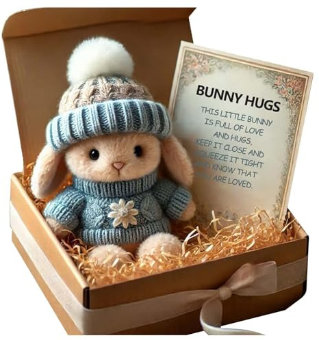 Mini Bunny Hug Cute Easter Gift, Oster Plüschhase mit Strickmütze & Bommel, Hase In Einer Box Umarmt Positives Easter Bunny Toys Hug In A Box, Positive Plüschtiere Osterhasen für Frauen Männer