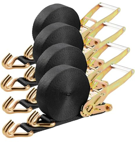 Sangles à cliquet Double Crochet en J 9 m x 50 mm (résistance la Rupture: 5000kg), for camions et Motos, 4 pièces(Black)