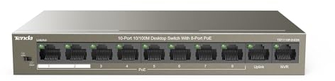 Tenda Switch PoE 10 Ports 10/100 Mbps Aves 8 Ports PoE, PoE Switch Ethernet, 6KV Contre-Foudre, Plug and Play, QoS, Idéal pour la Maison, Les PME et Les Supermarchés(TEF1110P-8-63W)