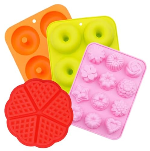 Queta Silikonform Donut, 4-teilig, Backform mit Waffelform, Silikon, Backform für Waffeln, Kekse, Cupcakes, Kuchen