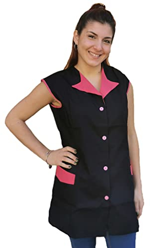 Bata de trabajo para mujer, sisa, casaca para obrera, maestra, empresas limpieza, delantal para frutería,gastronomía, Negro , XXL