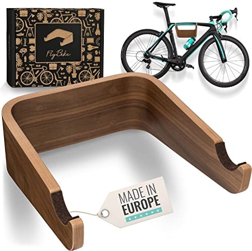 madeco Fahrrad Wandhalterung Holz - FlyBike S Nussbaum - Design Fahrradhalterung Wand Aufhängung für Wohnung - Rennrad, Gravel Bike, Mountainbike, Fixie, Singlespeed Fahrradhalter
